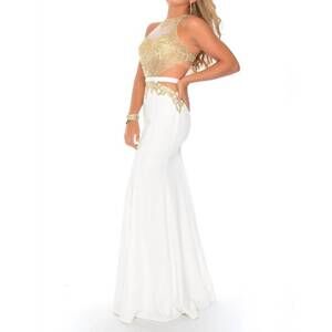 NEW PRECIOUS FORMALS beaded high neck evening gown in gardenia/gold